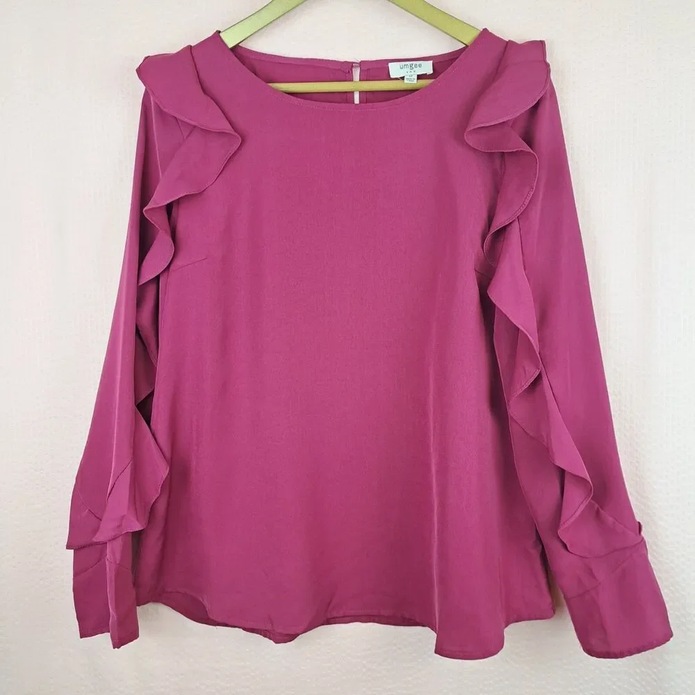 Umgee Long Sleeve Solid Pink Blouse Ruffle Size M Cotton Blend